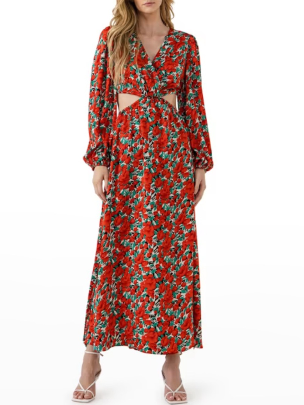 Endless rose NWT side cutout red floral maxi dress balloon sleeves sz small